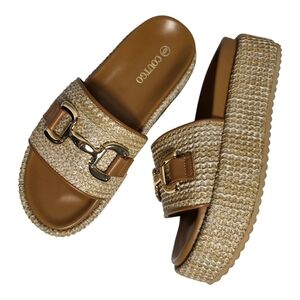 Coutgo Platform Slide Sandals Women Size 6 Woven Raffia Gold Horsebit Summer NEW